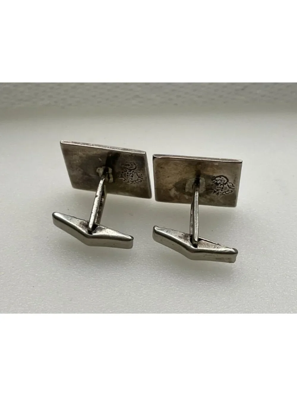 Signed Vintage Taxco Mexican Sterling Silver Square Minimalist Enamel Cufflinks